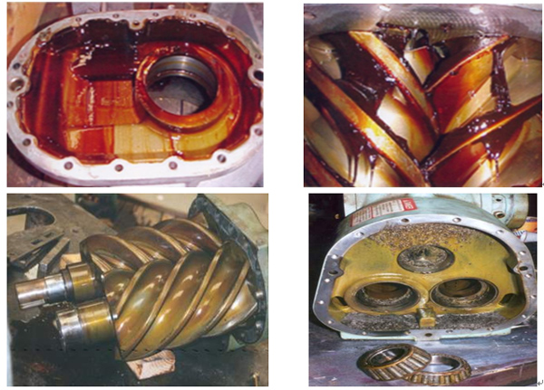 使用差的润滑油，机器长期运行后会在压缩机油路内形成油泥和积碳